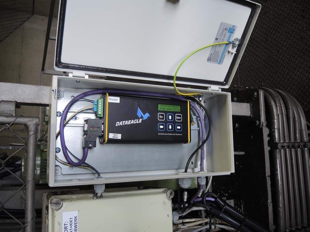 Geöffneter Schaltkasten mit DATAEAGLE-Gerät und Verkabelung, montiert an einer Industrieanlage
